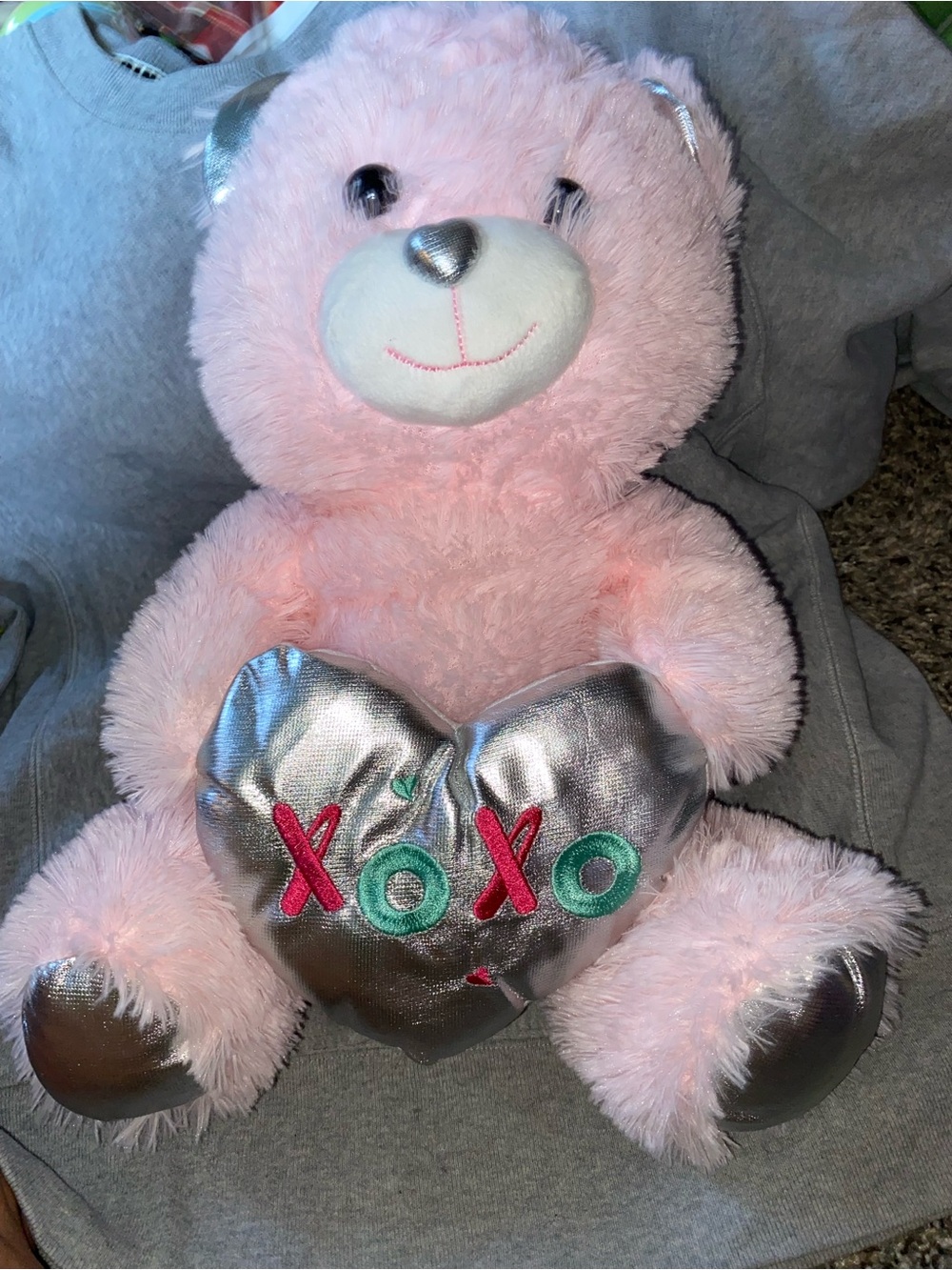 Plush Pink Bear with Silver Heart - XOXO Embroidered Kids Toy